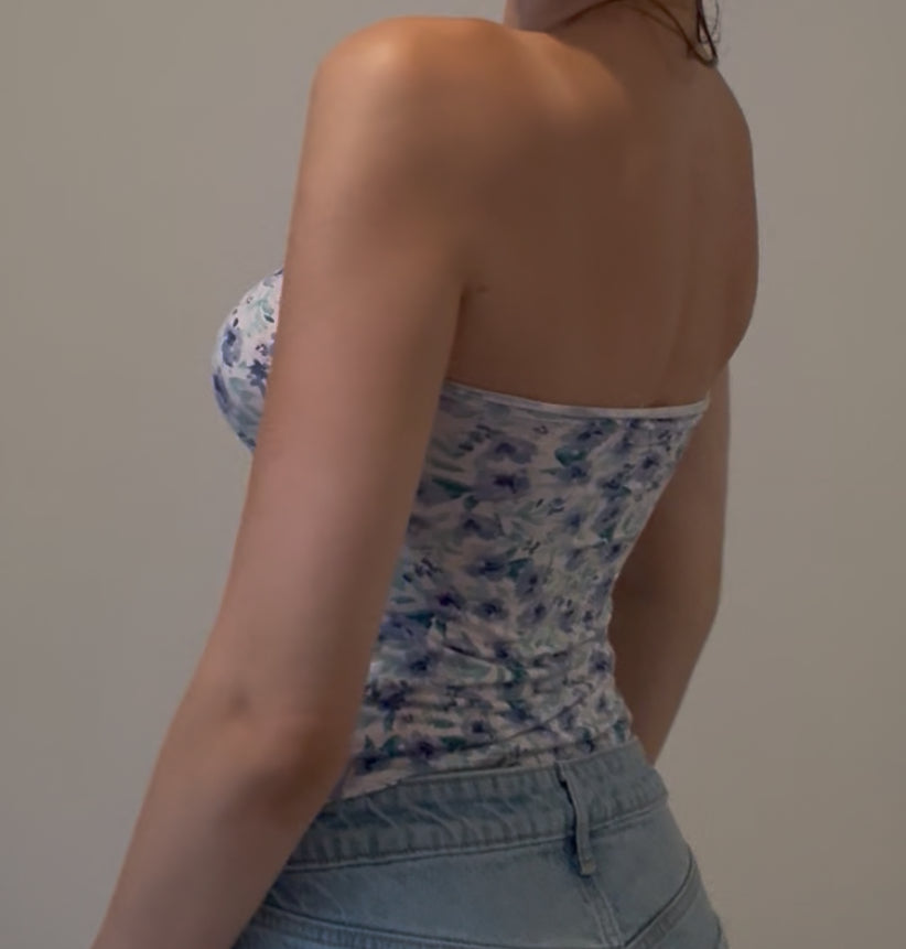 White Tube Top with Blue and Purple Floral Design
