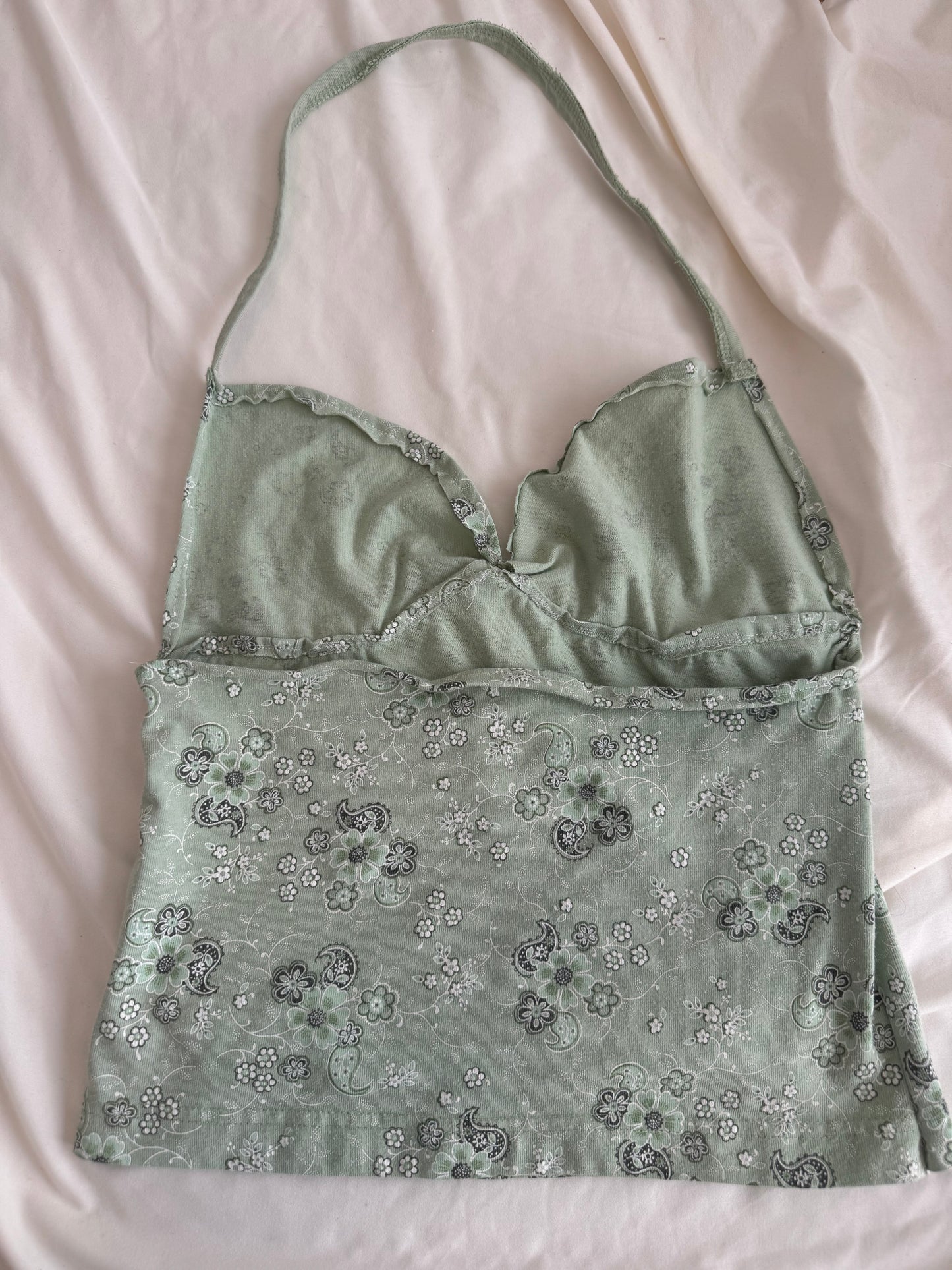 Green Floral Halter with Rose Detail