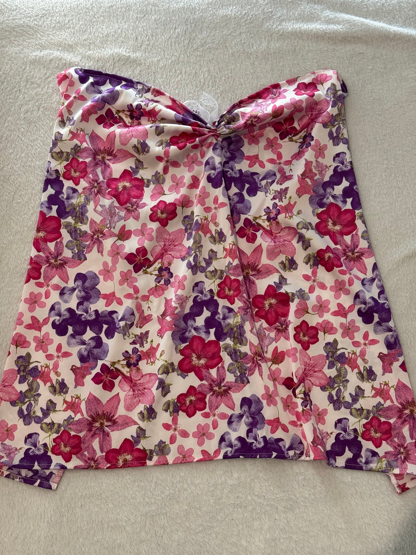 White, Pink, and Purple Floral Tube Top with Lace Tie