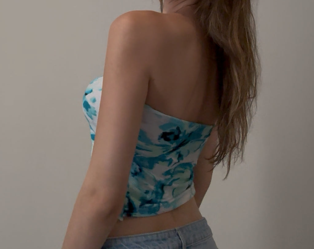 Boho Tube Top with Blue and Green Floral Design