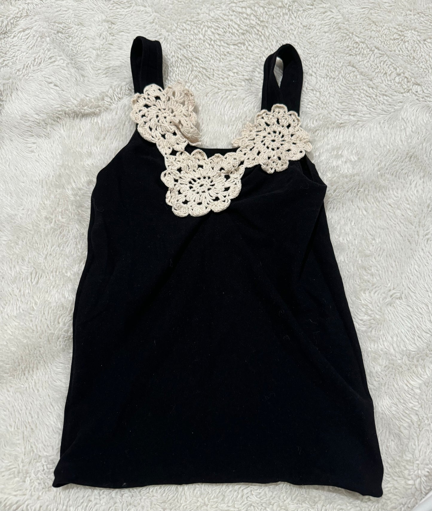 Black Tank Top with Crocheted Flowers