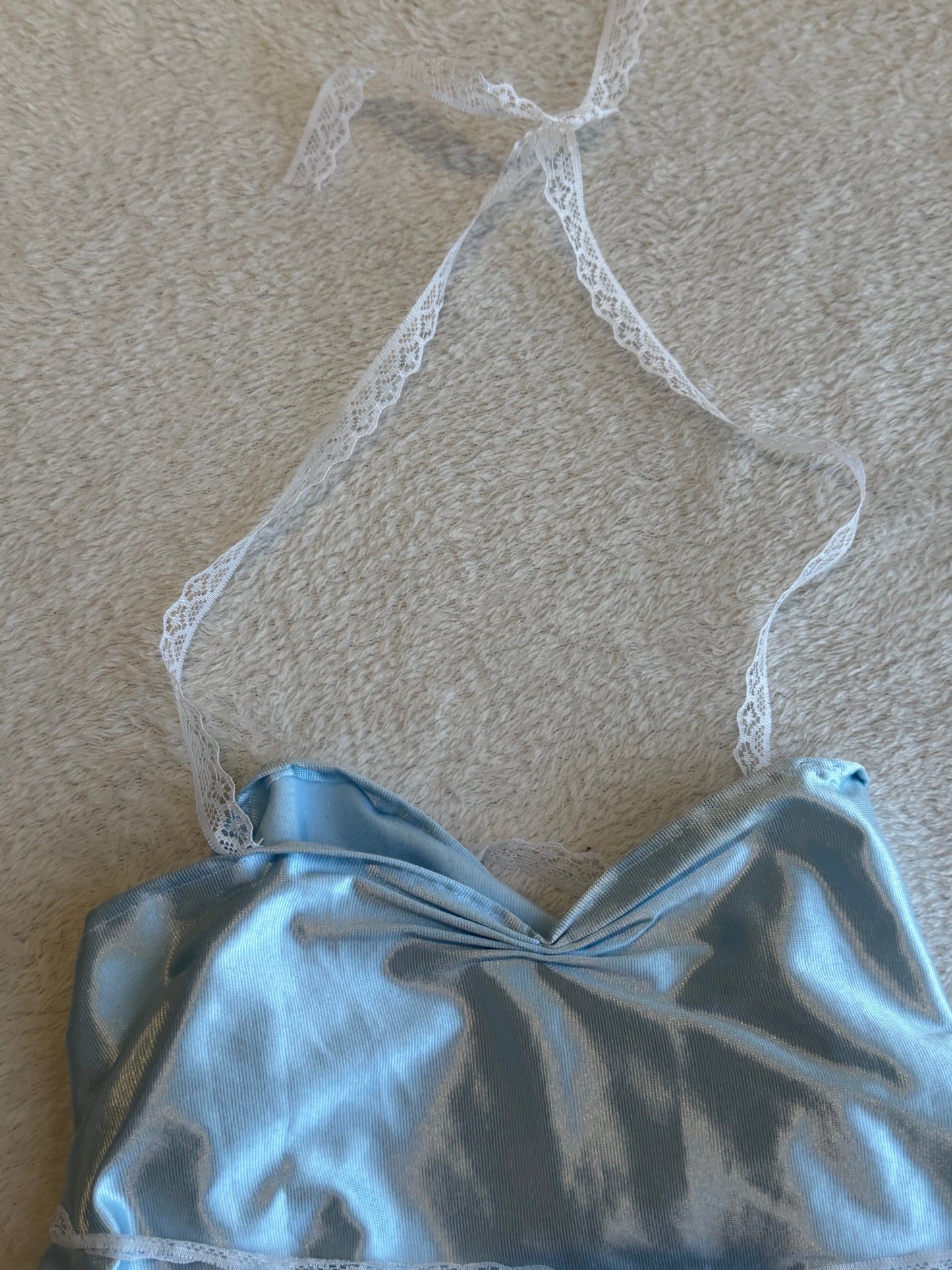 Light Blue Top with Lace Straps as Accents