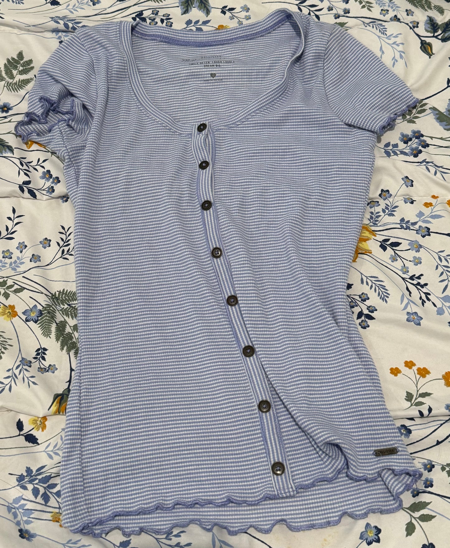 Light Blue and White Striped Ribbed Top with Buttons