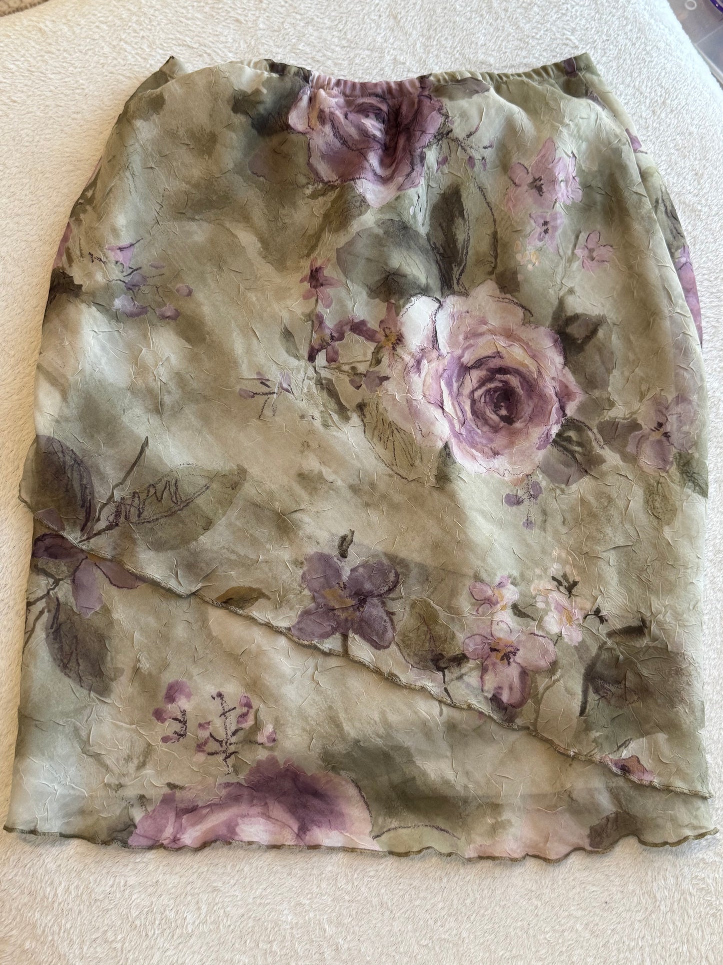 Flowy Top with Green and Purple Floral Design