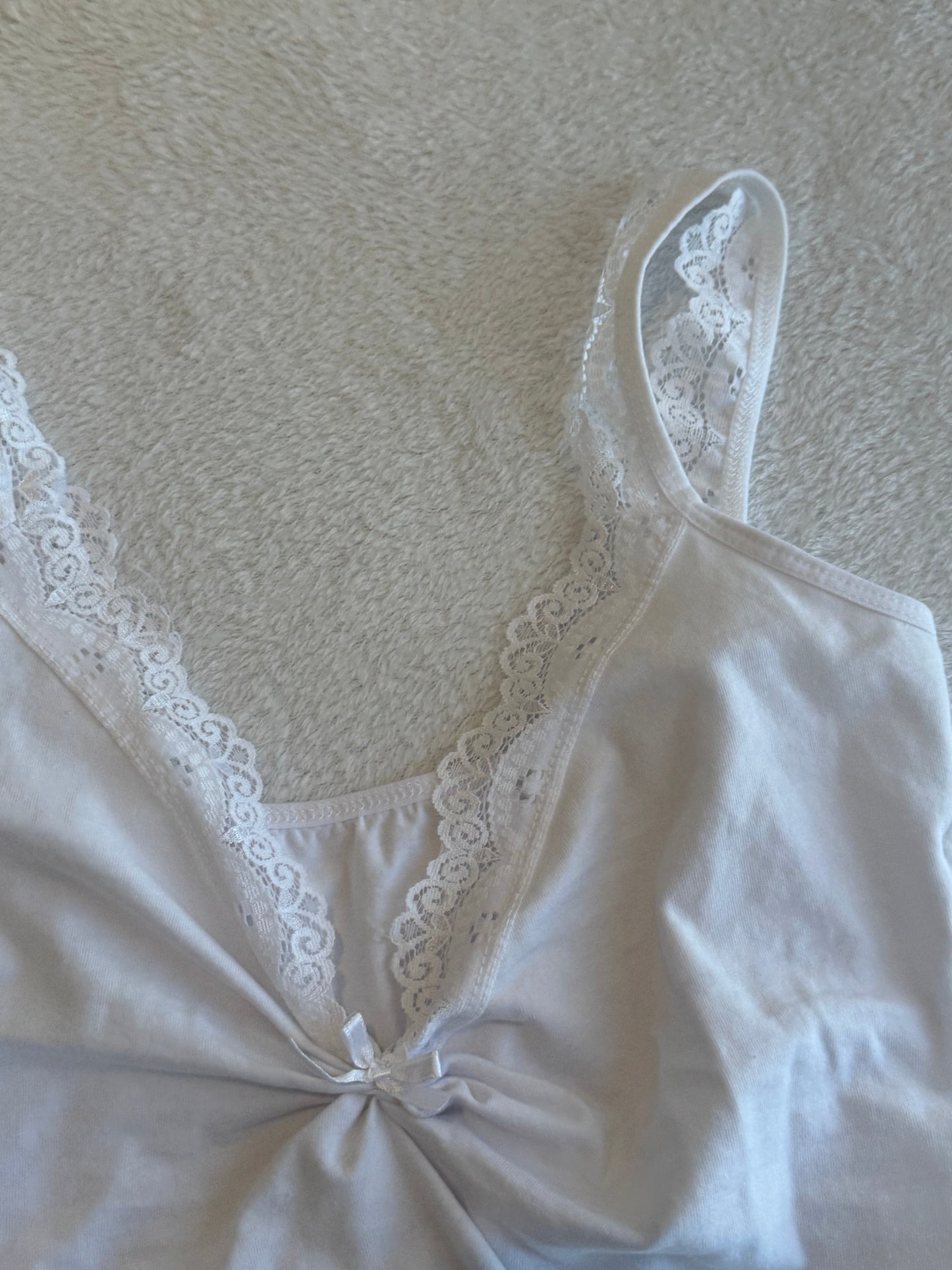 White Cami with Lace, Ruching, and Bow Detail