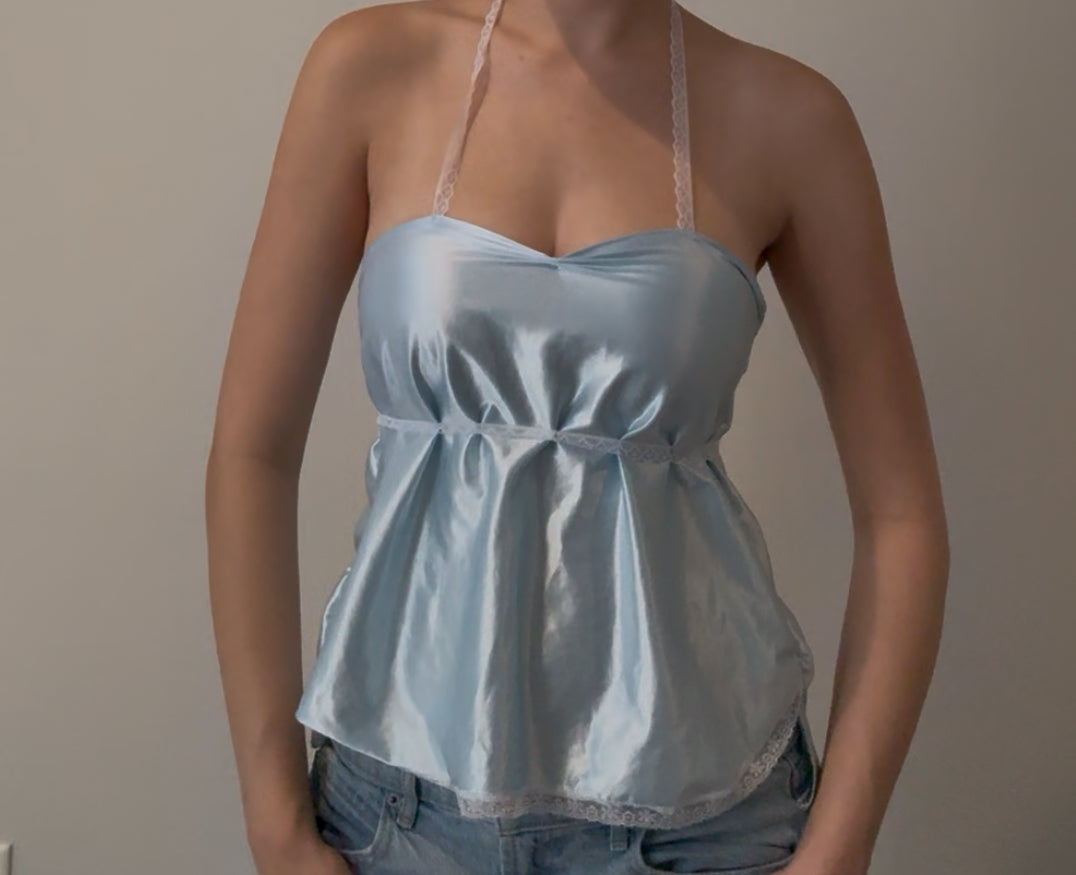 Light Blue Top with Lace Straps as Accents