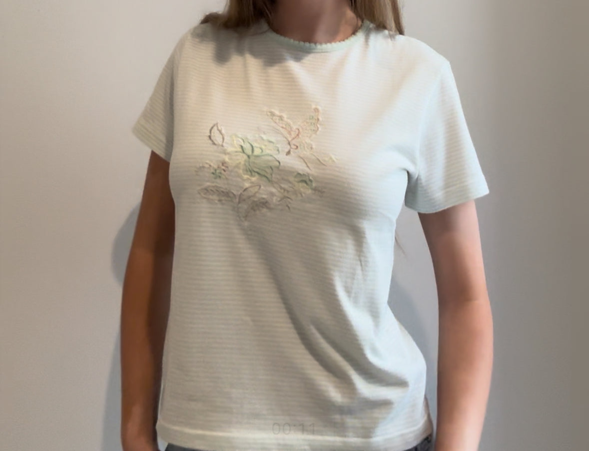 Light Blue Striped Top with Floral Embroidery