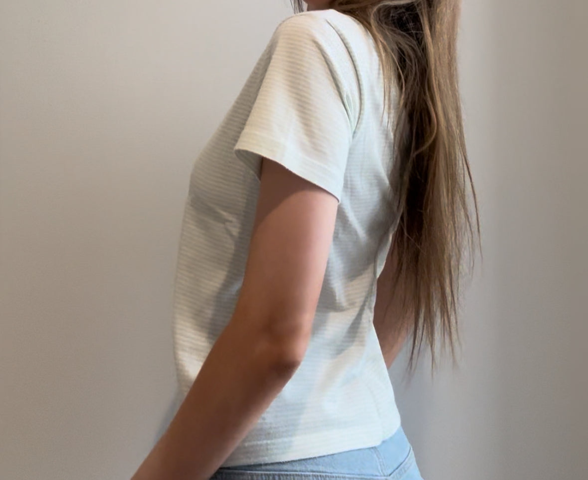 Light Blue Striped Top with Floral Embroidery