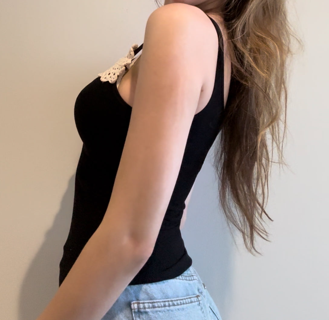 Black Tank Top with Crocheted Flowers