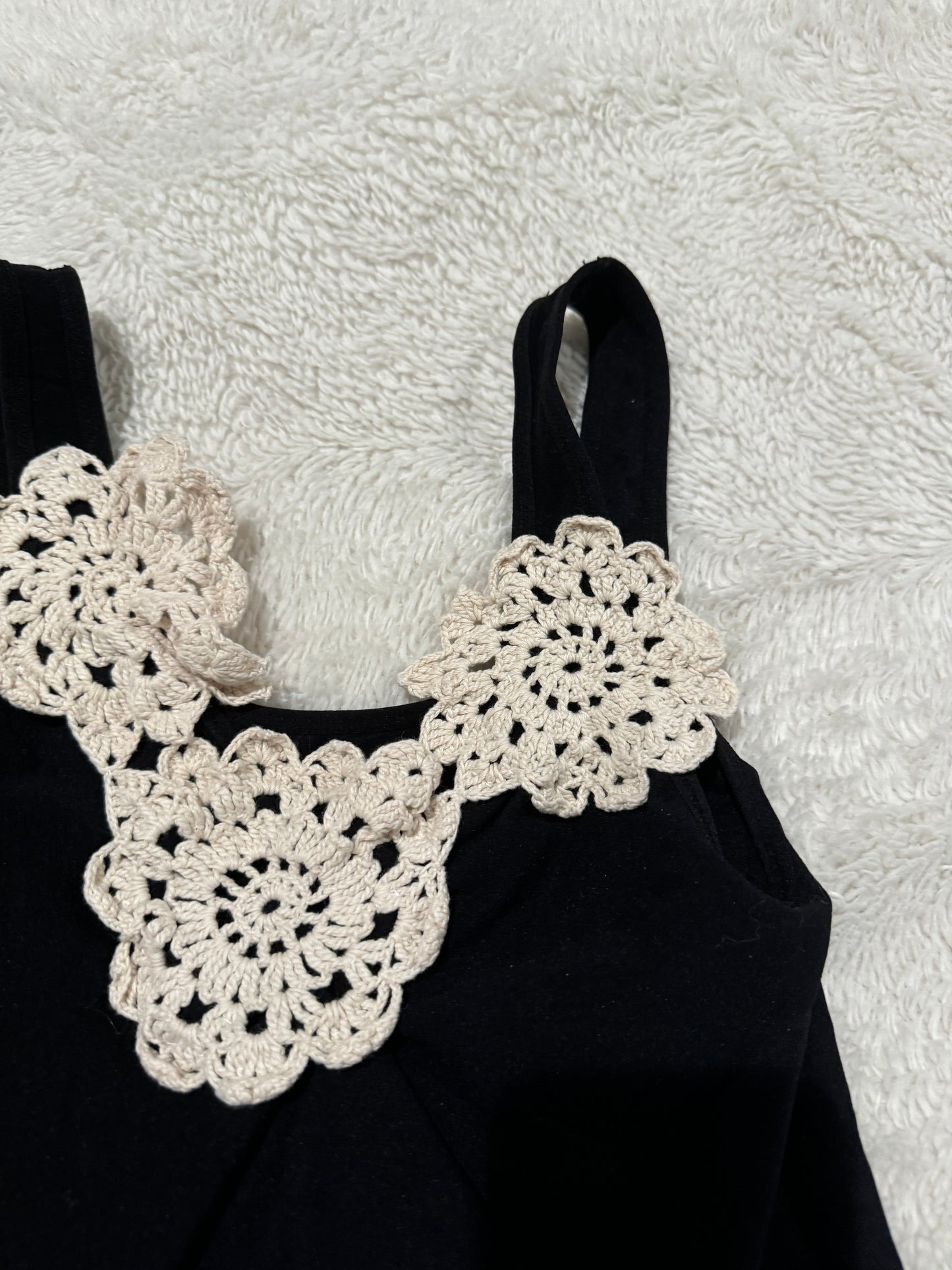 Black Tank Top with Crocheted Flowers