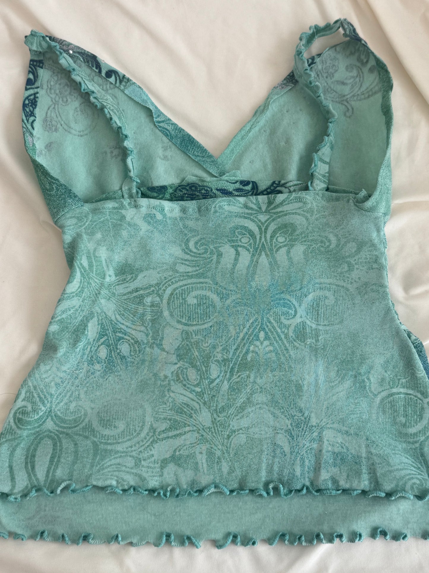 Green Top with Unique Design, Sequins, and Ruffled Straps
