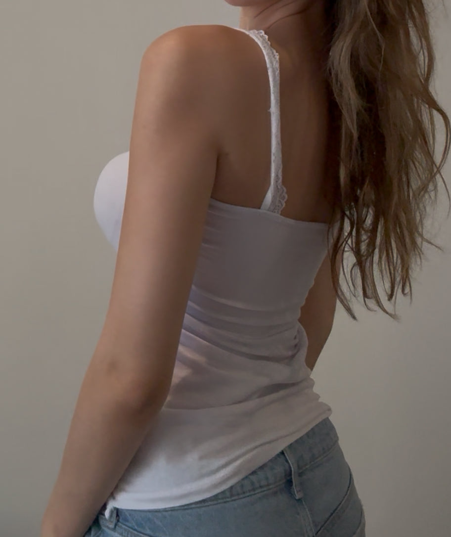 White Cami with Lace, Ruching, and Bow Detail