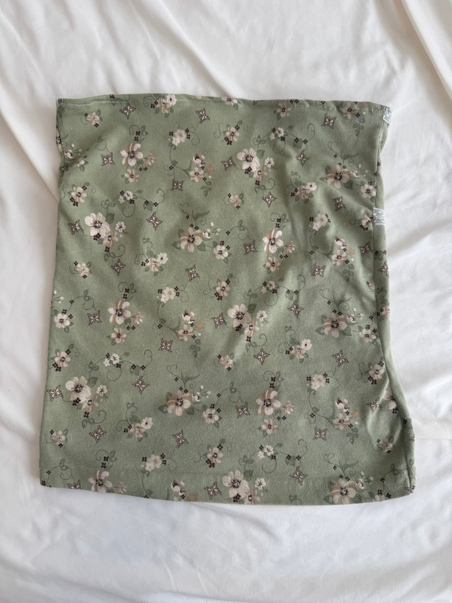 Green Floral Tube Top with Lace and Bow