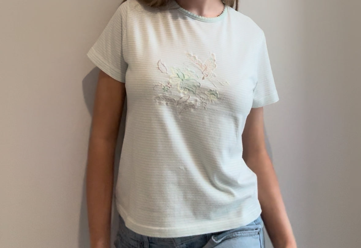 Light Blue Striped Top with Floral Embroidery