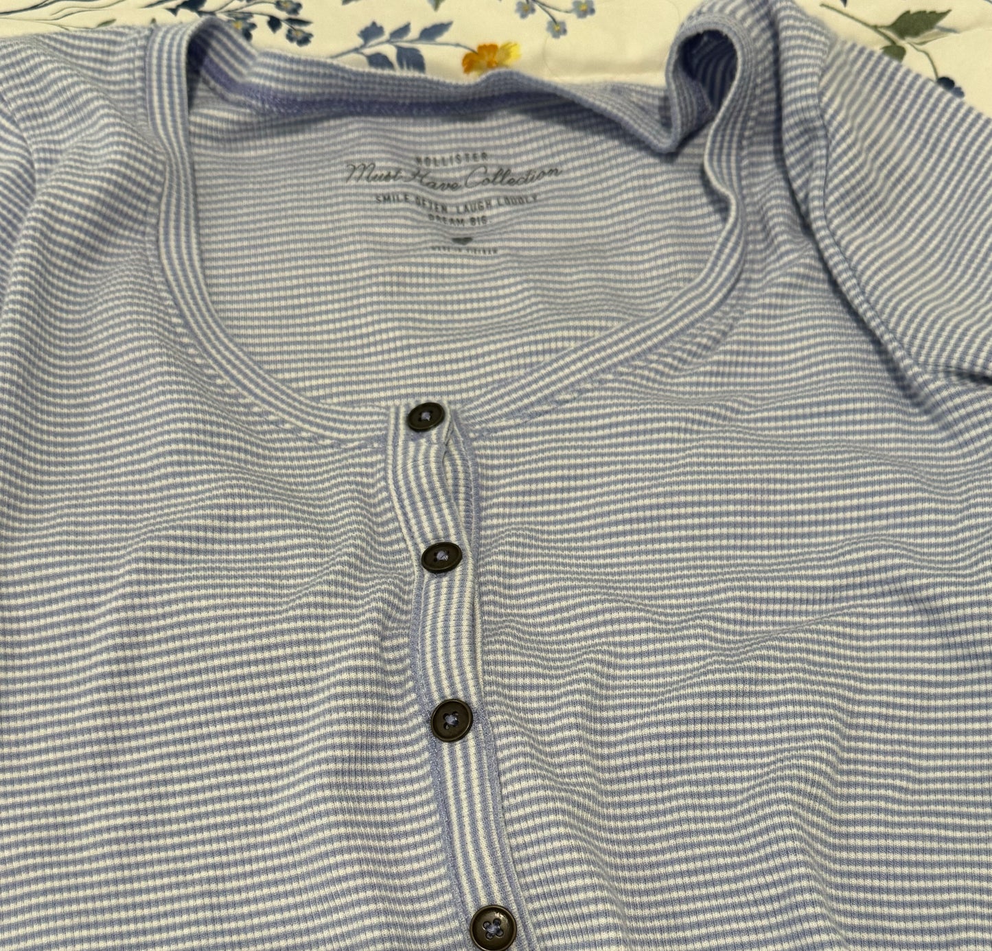 Light Blue and White Striped Ribbed Top with Buttons