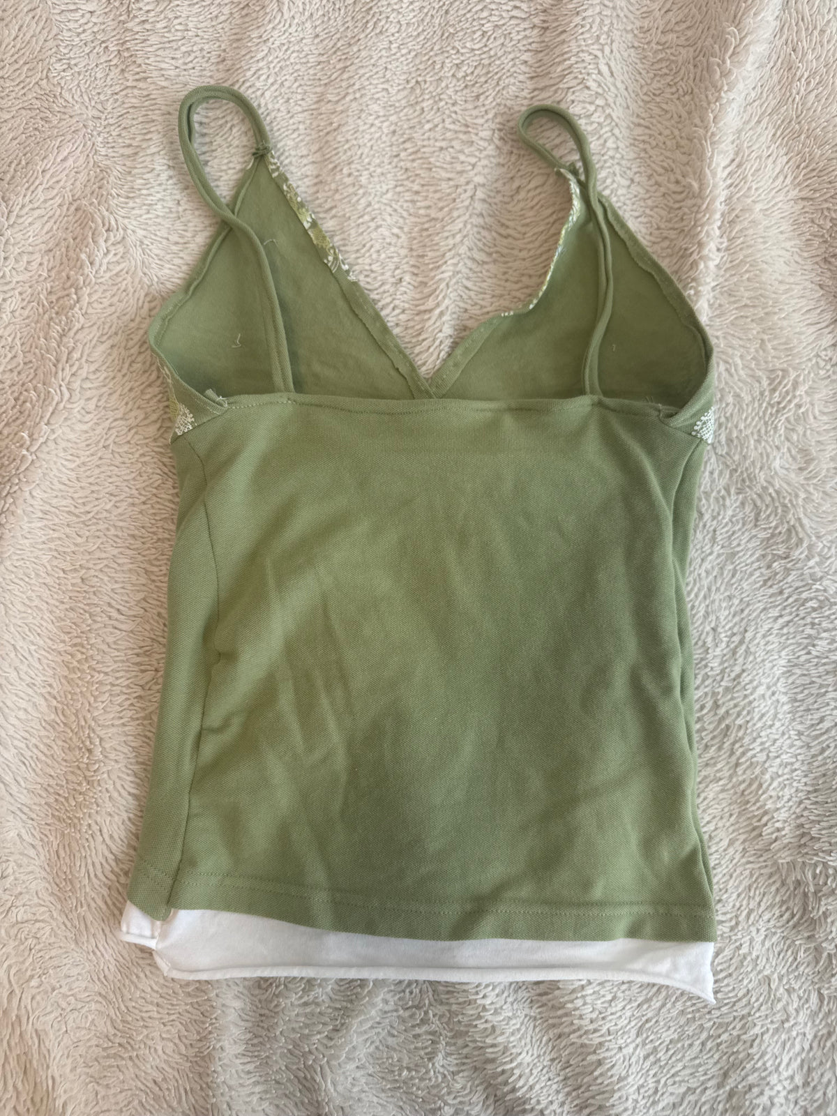 Fitted Green Top with White Floral Design and White Waistband