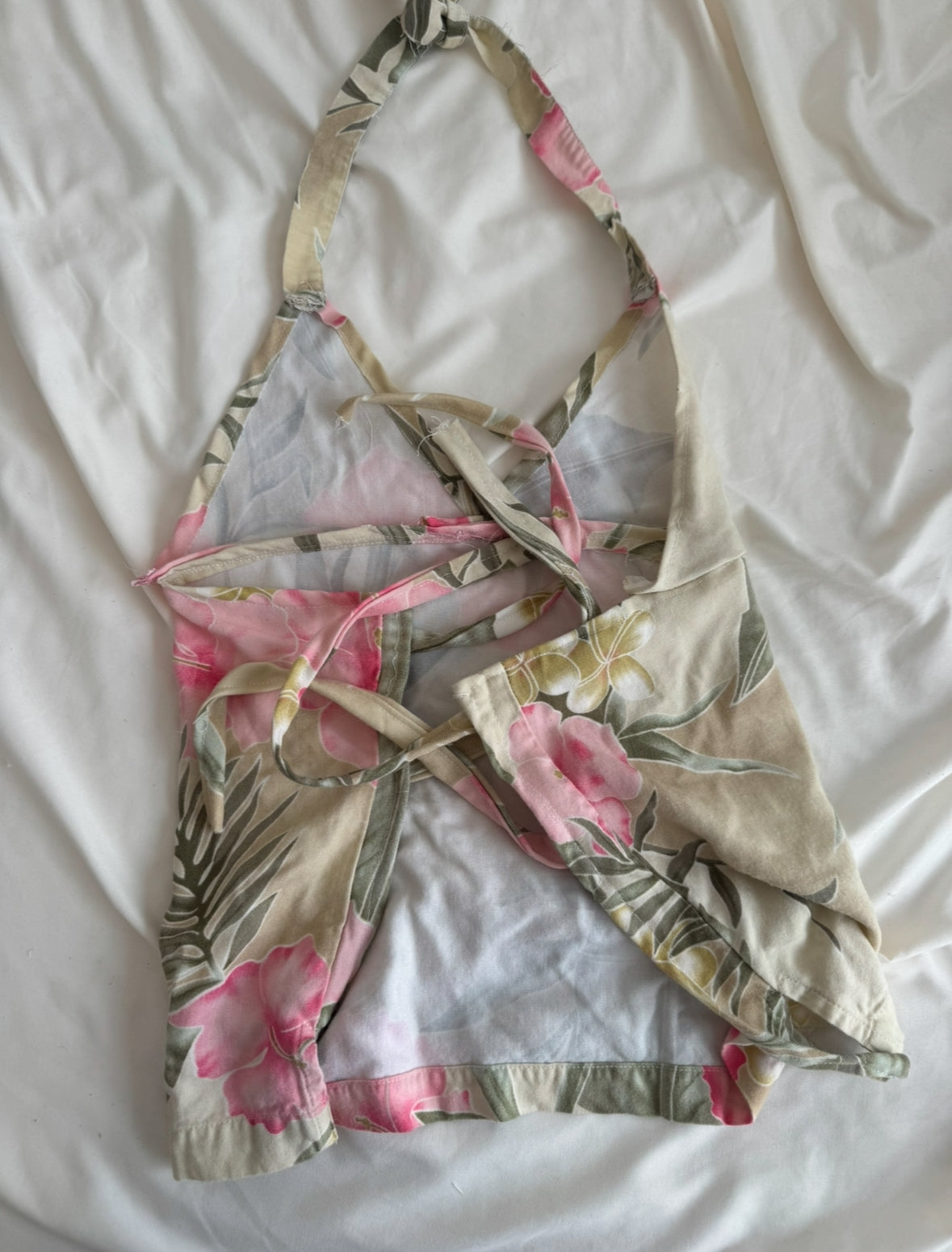 Beige Floral Halter Top with Adjustable Straps