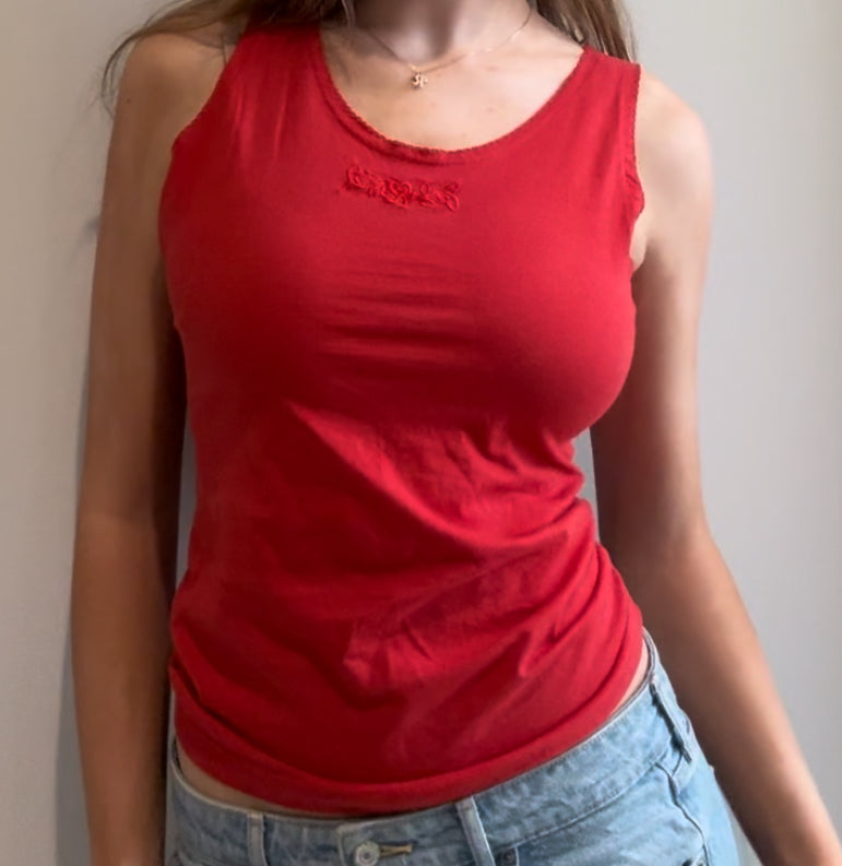 Red Tank Top with Flower Embroidery