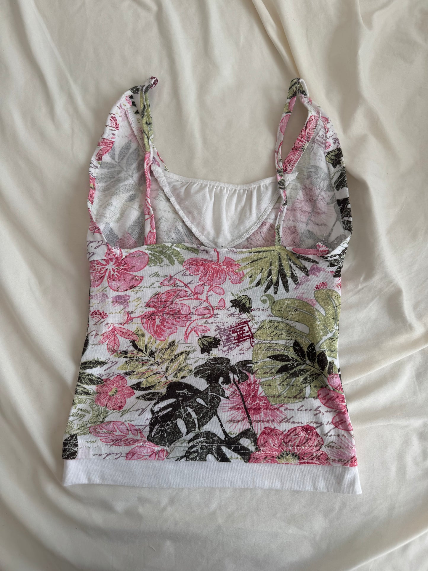 Gorgeous White Top with Pink and Green Print, White Accents