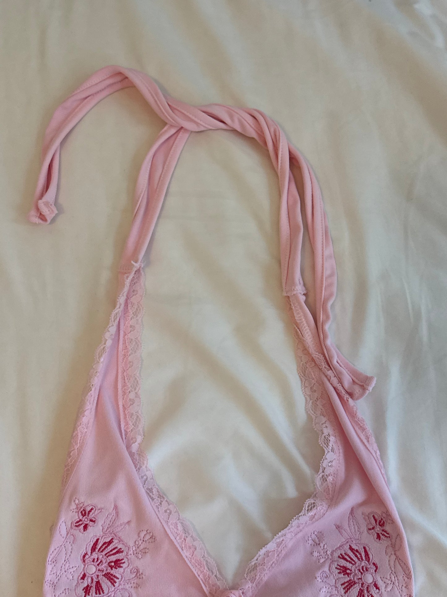 Pink Floral Halter Top with Rose and Embroidery