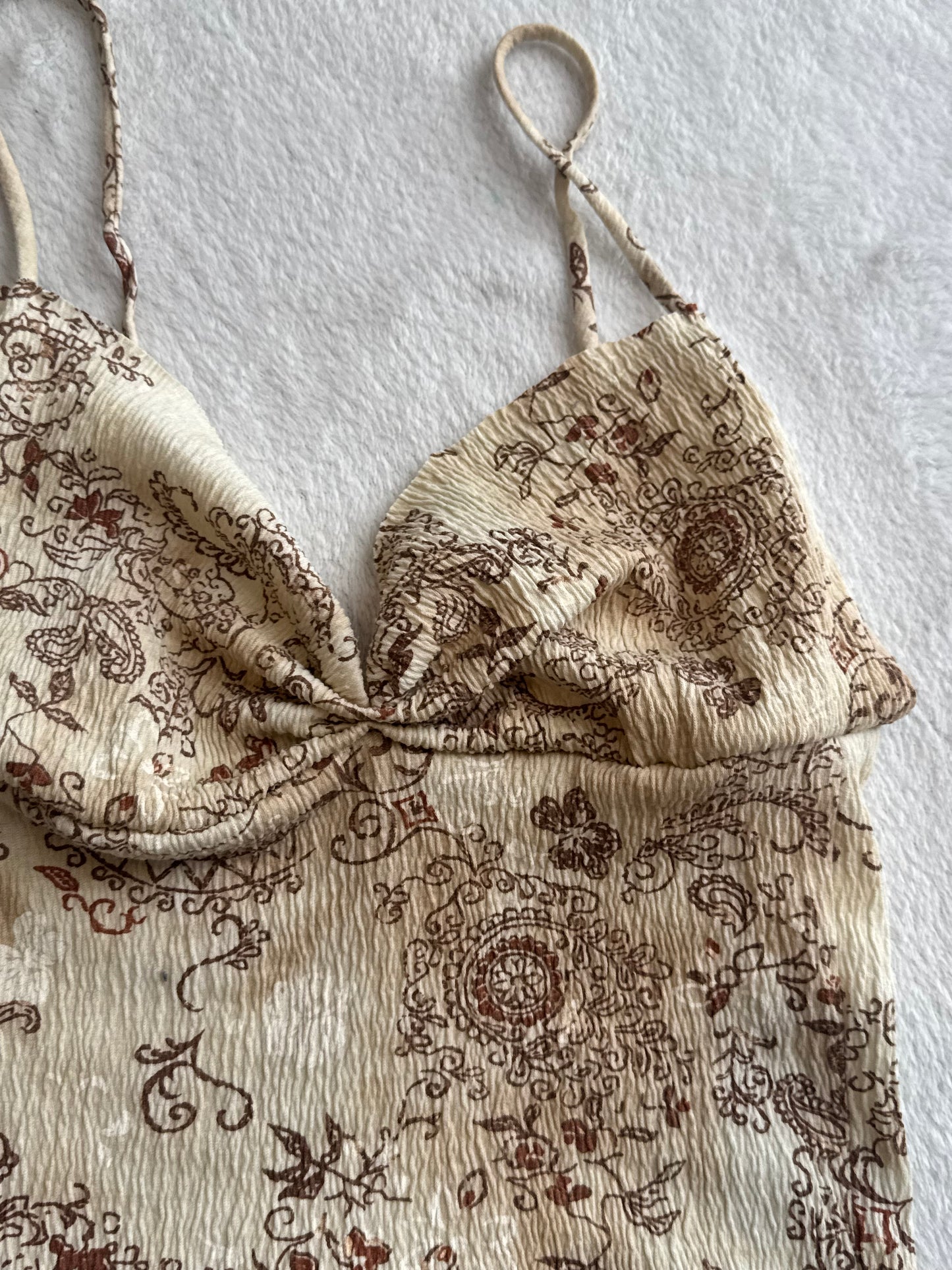 Beige Top with Brown Design and Ruching