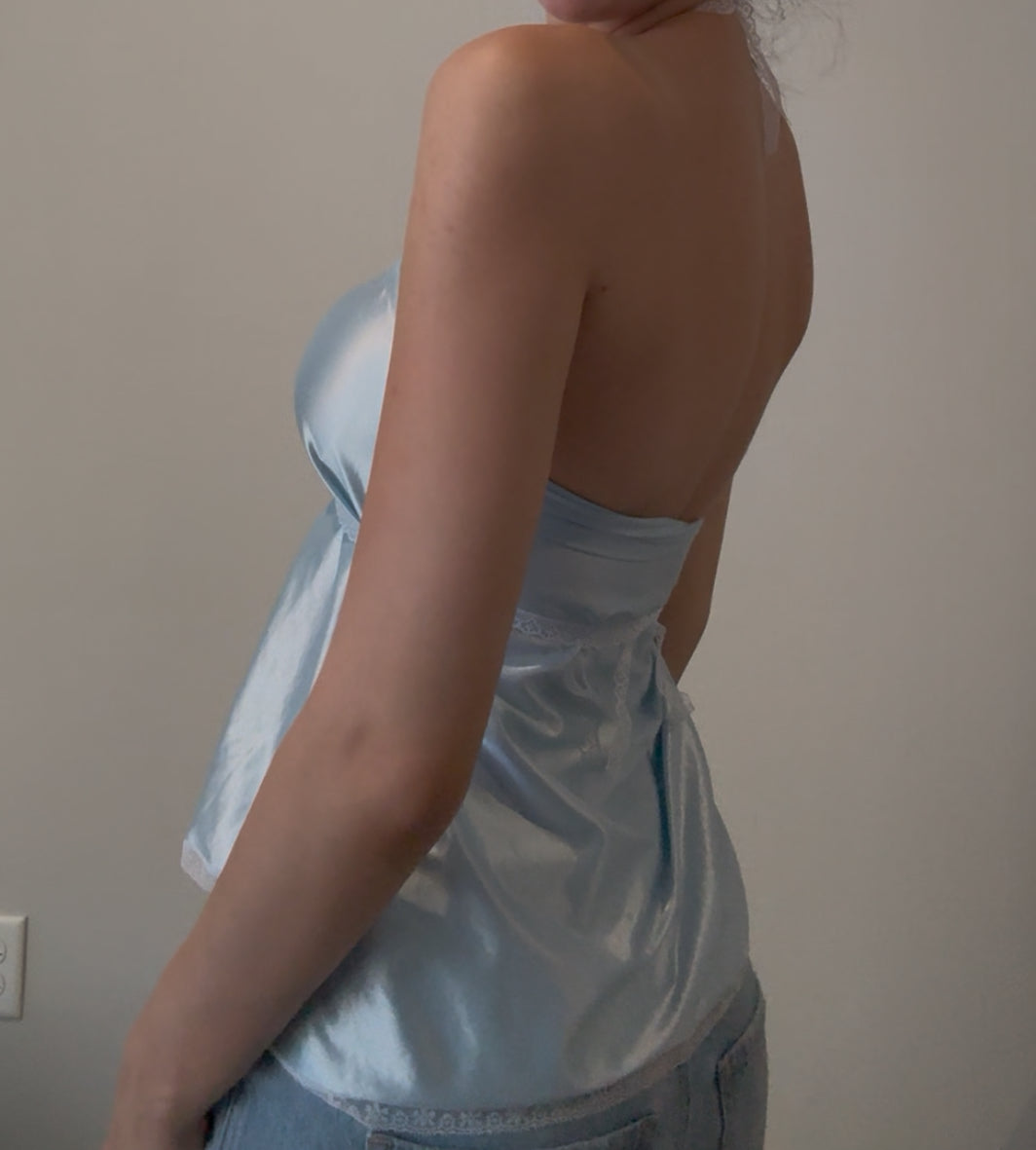 Light Blue Top with Lace Straps as Accents