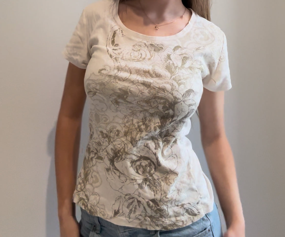Beige Baby Tee with Floral Graphic