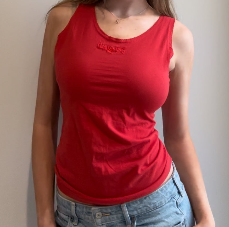 Red Tank Top with Flower Embroidery