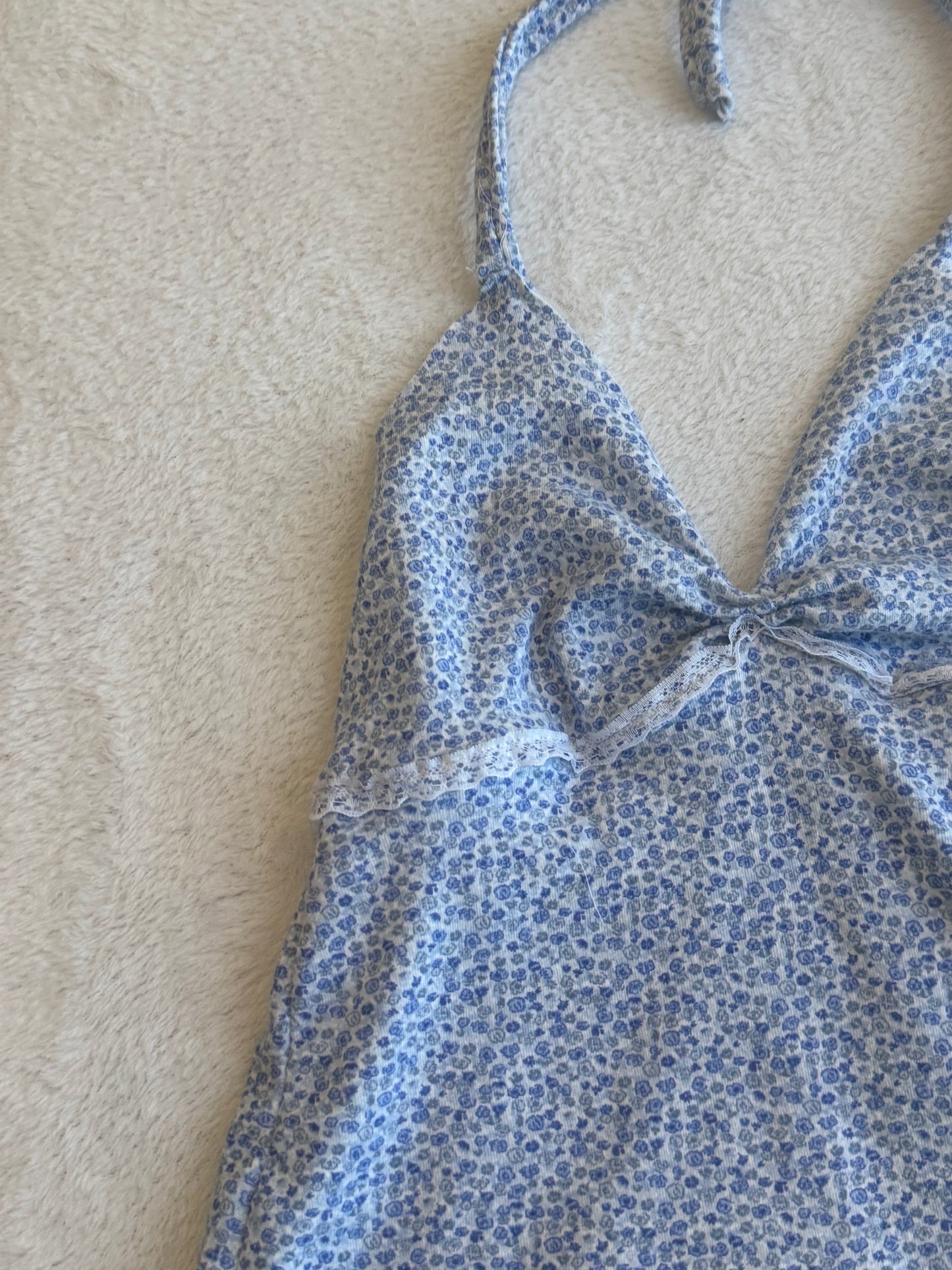 Blue and White Floral Halter Top with Lace