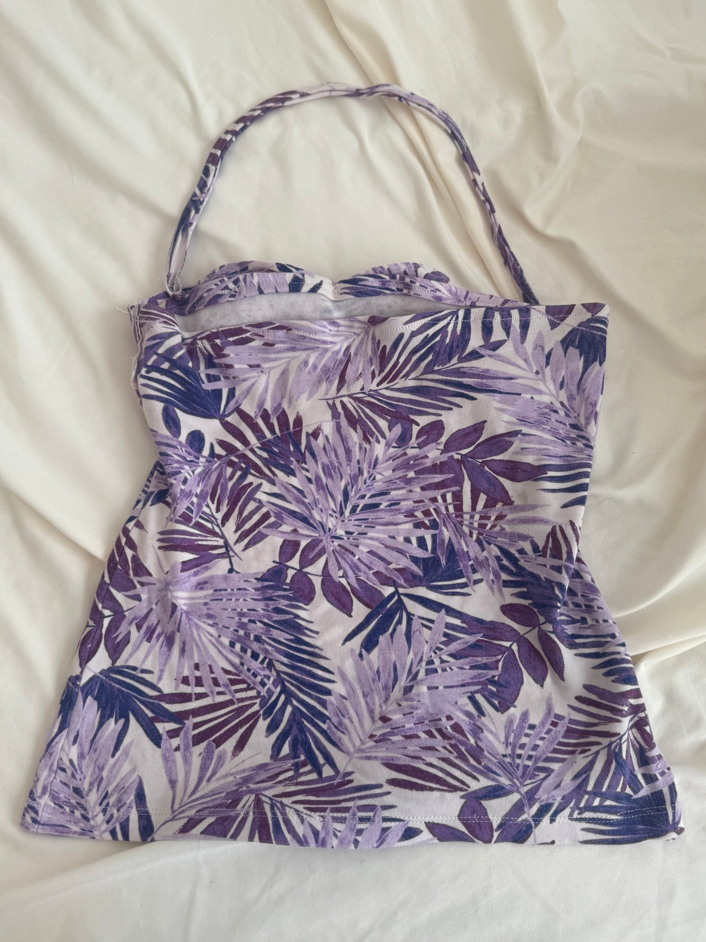 Purple Floral Halter Top with Ruching
