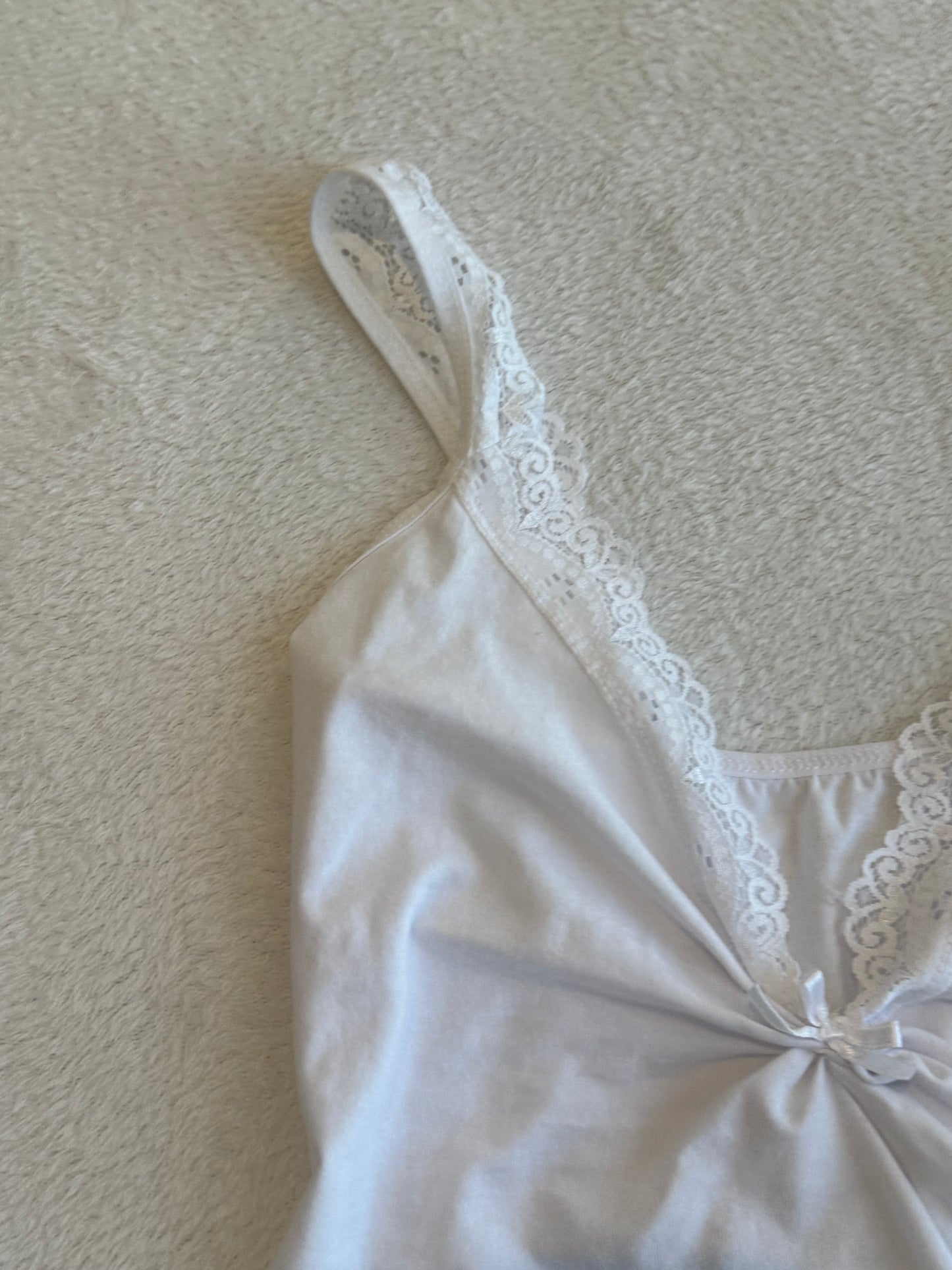 White Cami with Lace, Ruching, and Bow Detail