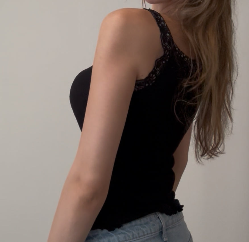 Black Cami Top with Lace and Ruching