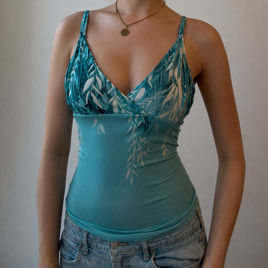Pleated Y2K Teal Top with Floral Design