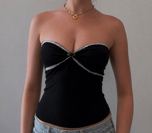 Black Tube Top with White Lace and Black Rose