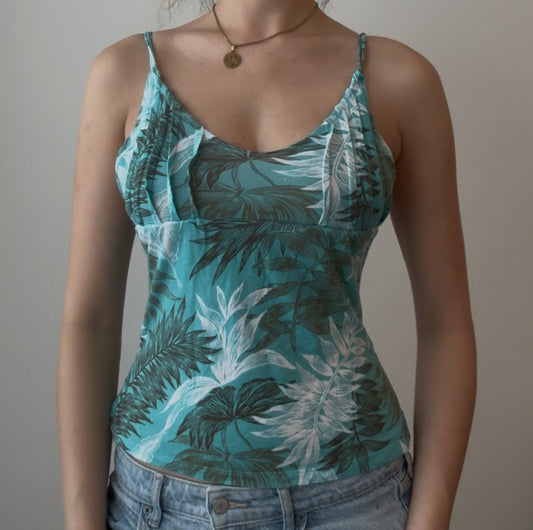 Teal Floral Top with Brown and White Design