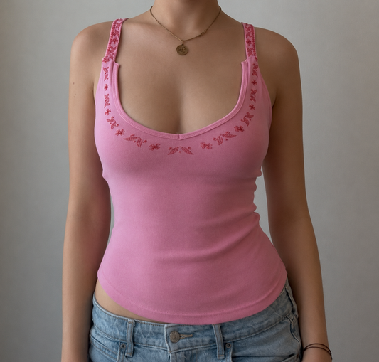 Pink Cami with Red Embroidery and Beading