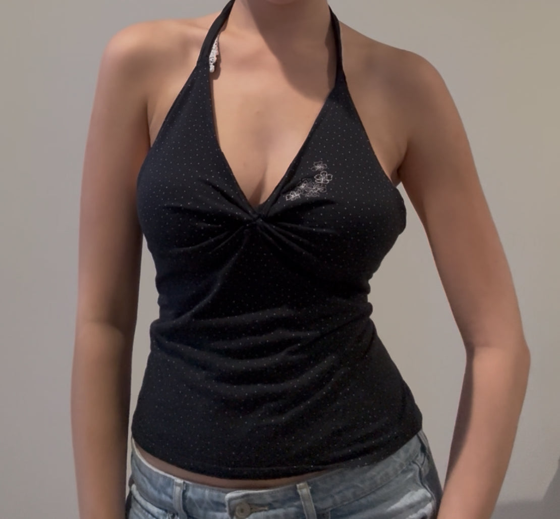 Black and White Dotted Shirt with Ruching, Lace, and Floral Embroidery