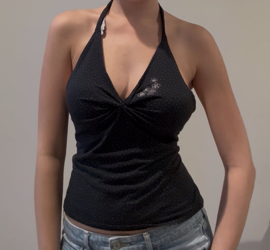 Black and White Dotted Shirt with Ruching, Lace, and Floral Embroidery