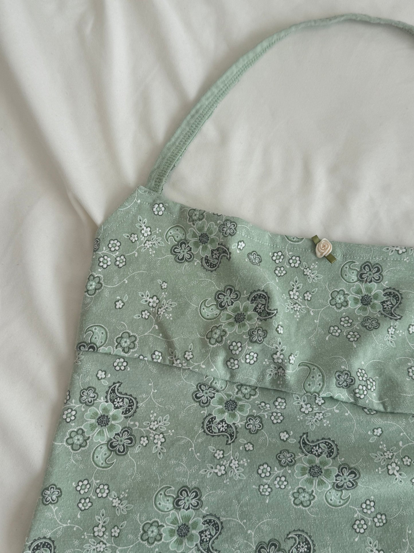 XS Green Floral Halter with Rose