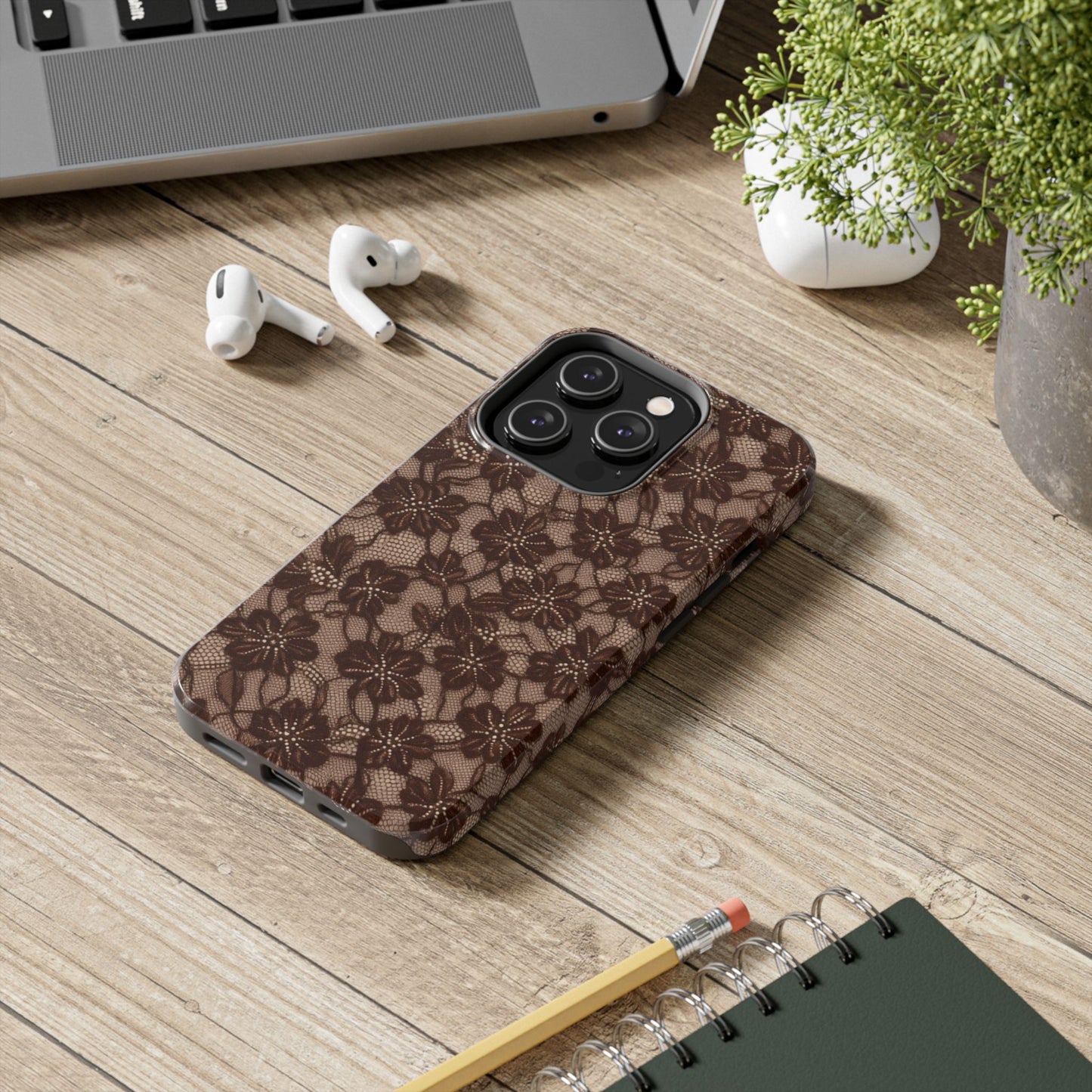 Brown Floral Lace - Protective Phone Case
