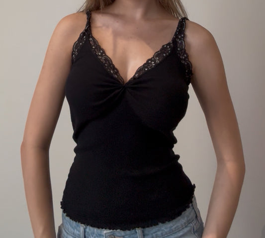 Black Cami Top with Lace and Ruching