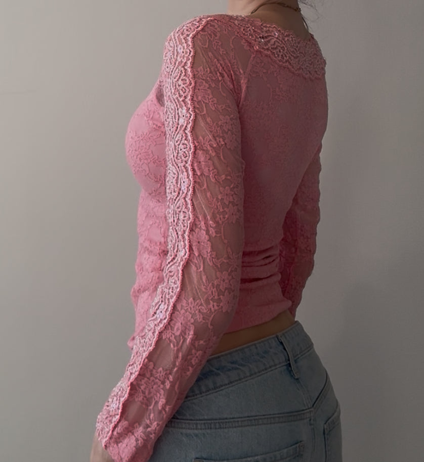 Fitted Pink Top with Lace and Sequins
