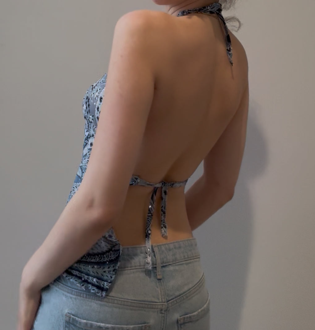 Blue Sequin Halter Top with Tie Back