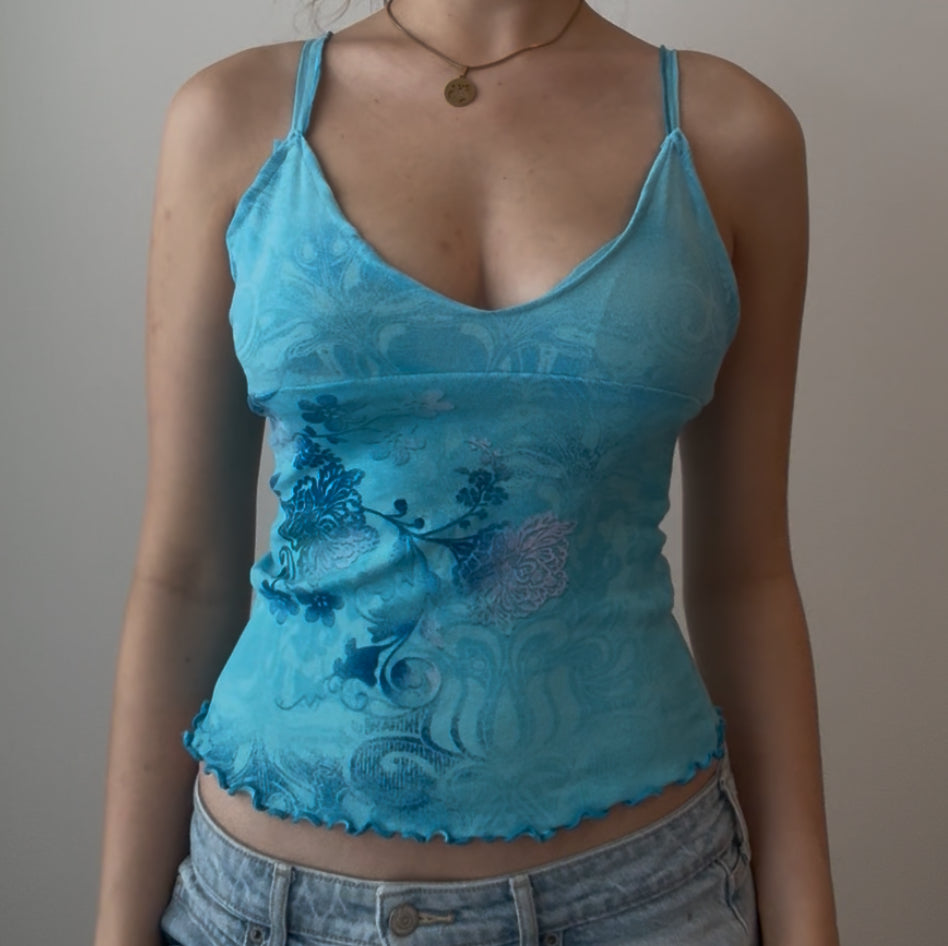 Blue Top with Unique Design and Ruffled Straps