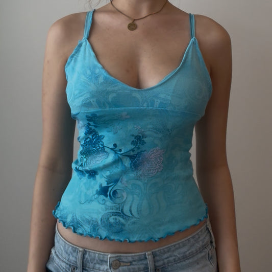 Blue Top with Unique Design and Ruffled Straps