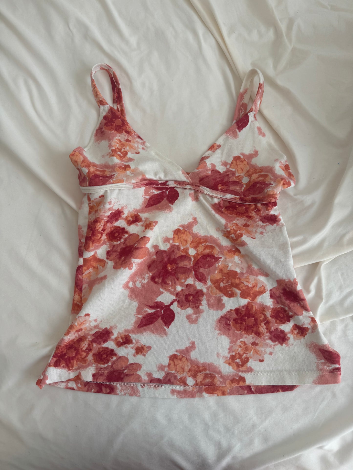 White Top with Orange and Pink Floral Design