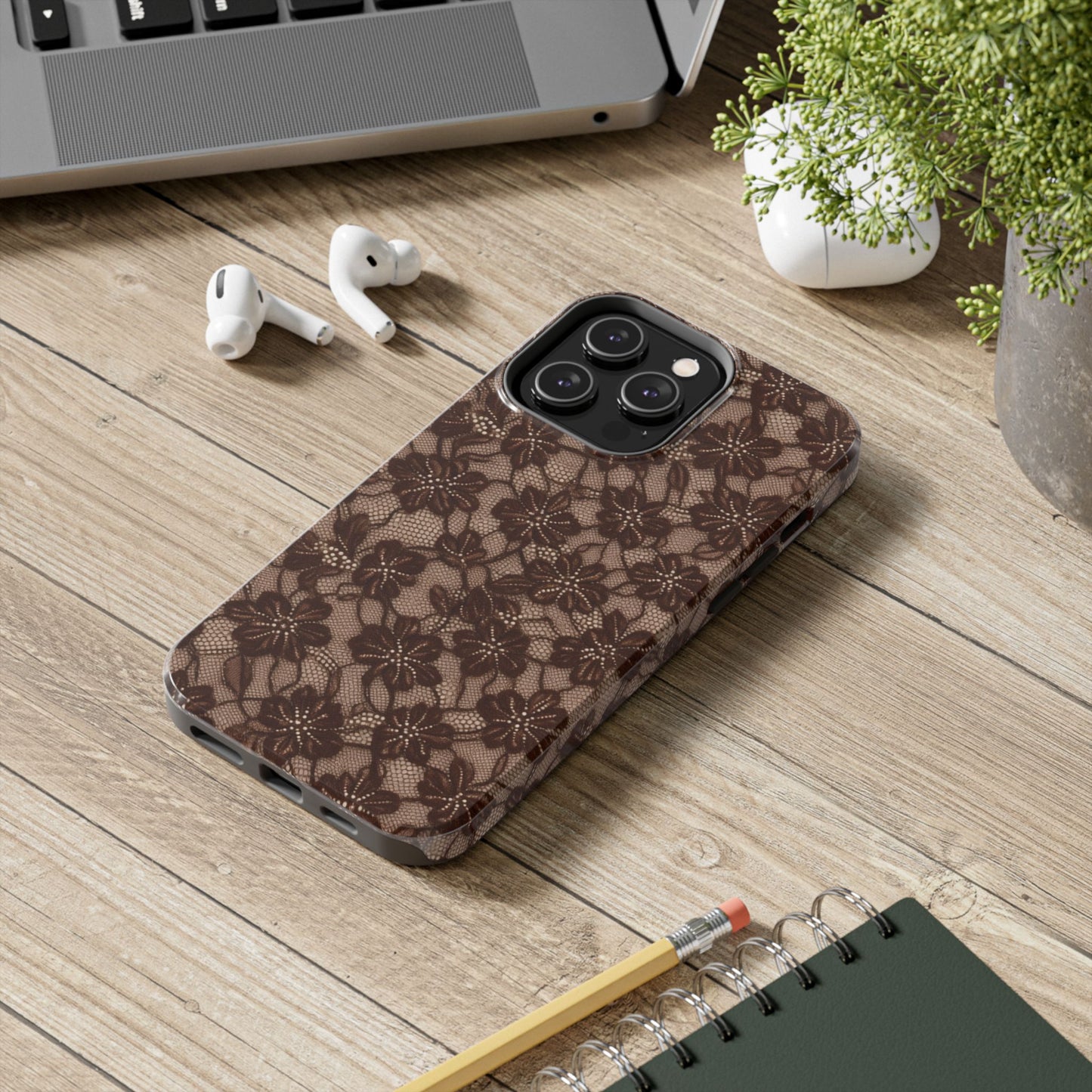 Brown Floral Lace - Protective Phone Case