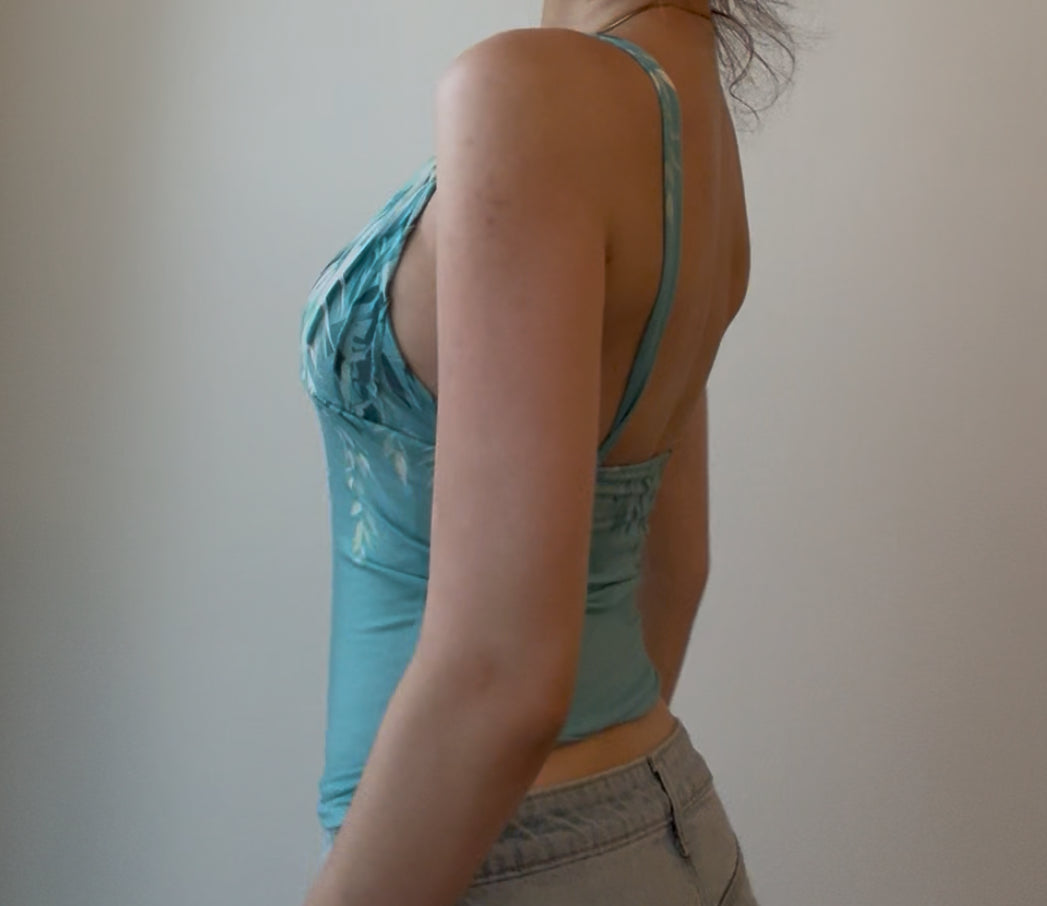 Pleated Y2K Teal Top with Floral Design
