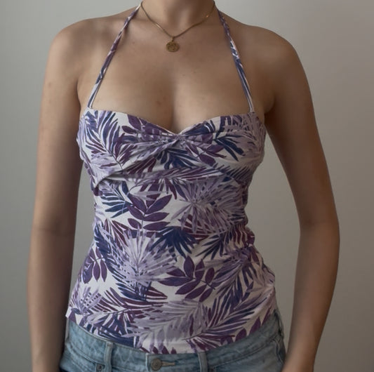 Purple Floral Halter Top with Ruching