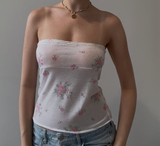 White and Pink Floral Tube Top